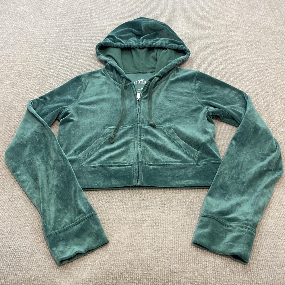 Hollister Hoodie Womens XS Green Velour Full Zip Cropped Hooded Long Sleeve